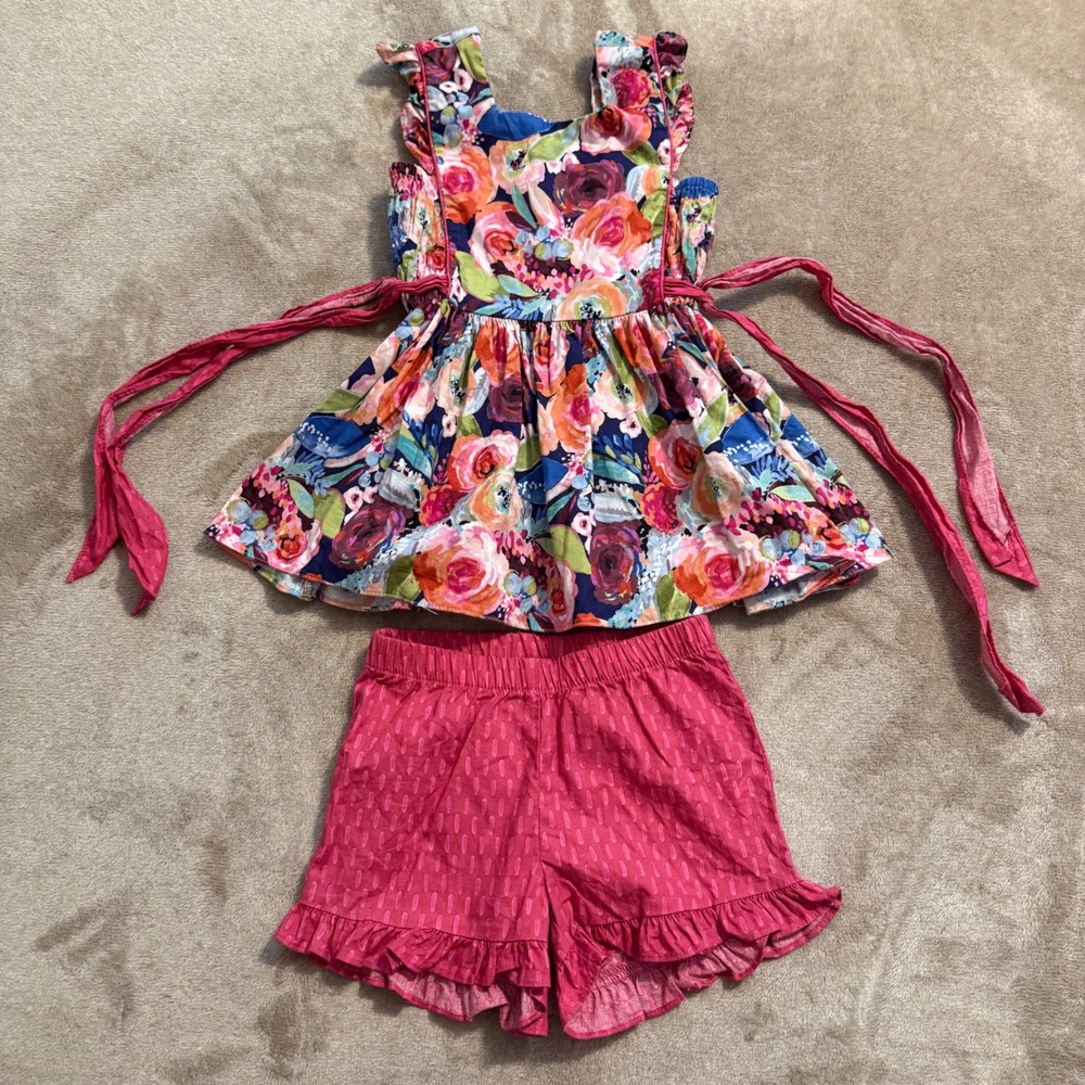 Ricrac & Ruffles Girls Floral Pinafore Top and Pink Ruffle Shorts Set Size 5